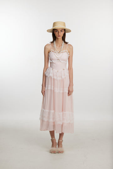 Blush Lace Ruffle Midi Dress