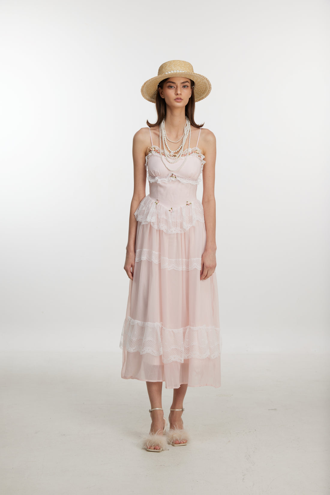 Blush Lace Ruffle Midi Dress