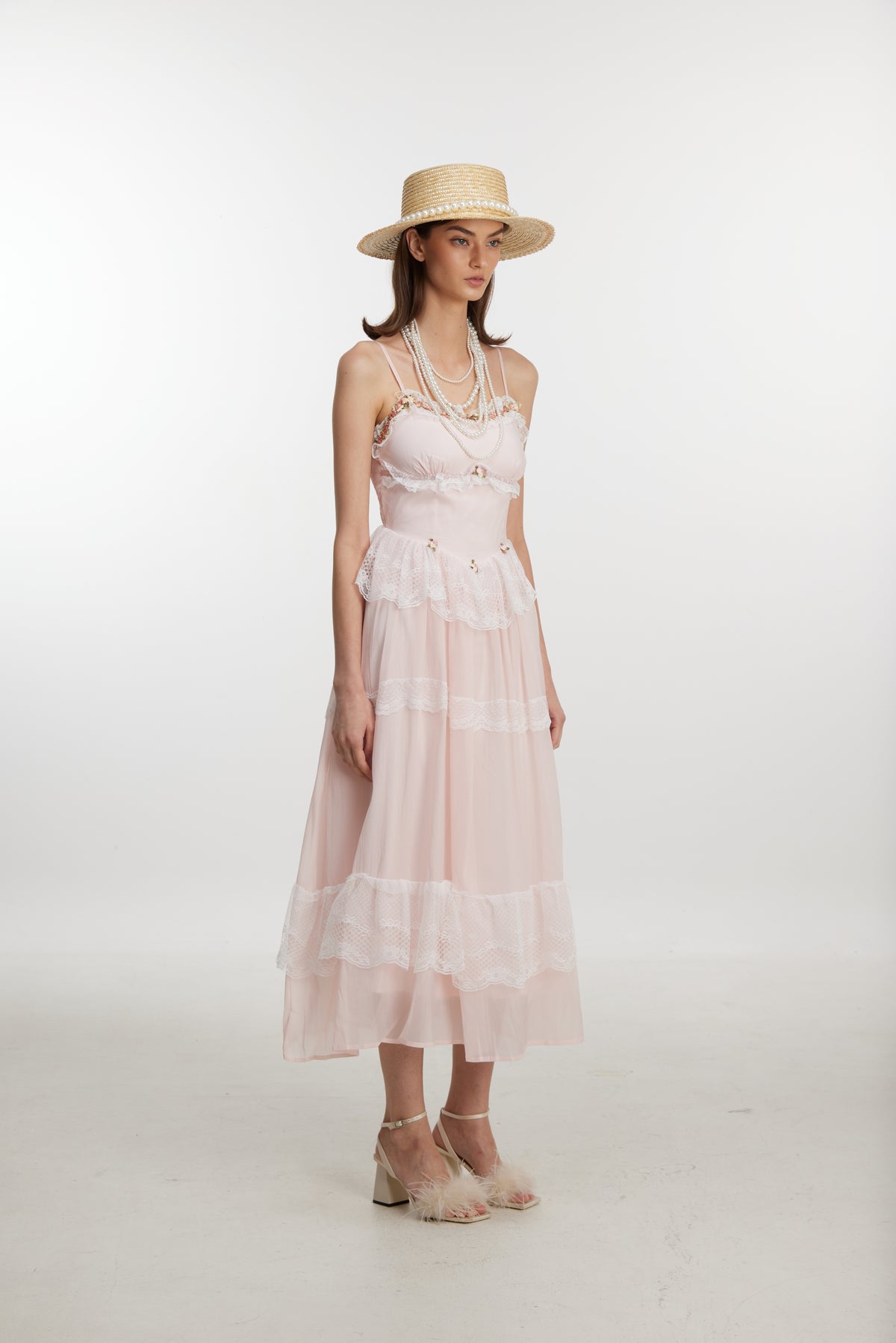 Blush Lace Ruffle Midi Dress