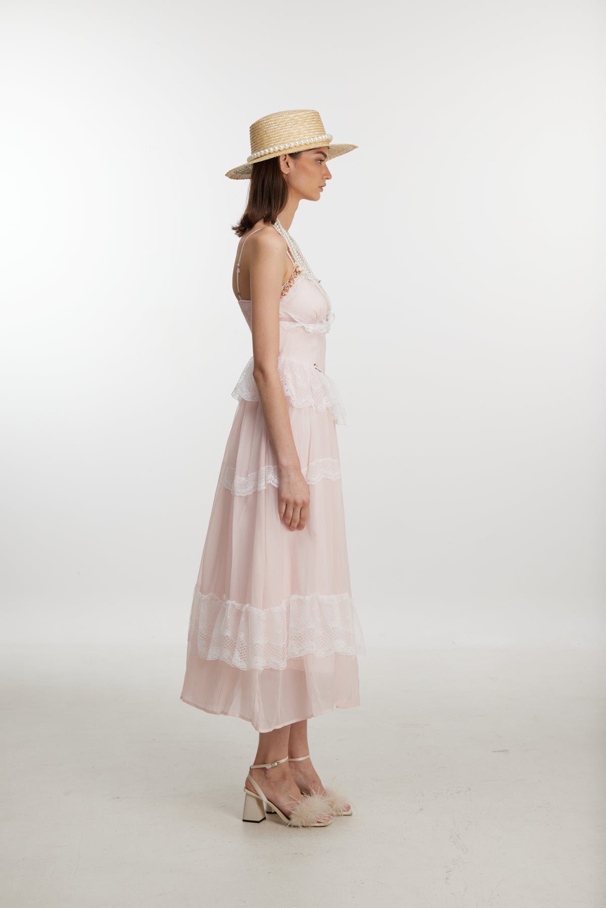 Blush Lace Ruffle Midi Dress