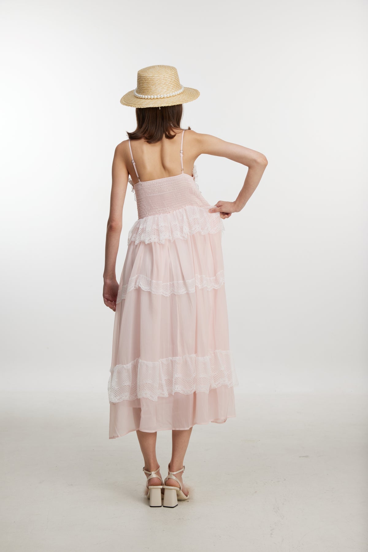 Blush Lace Ruffle Midi Dress