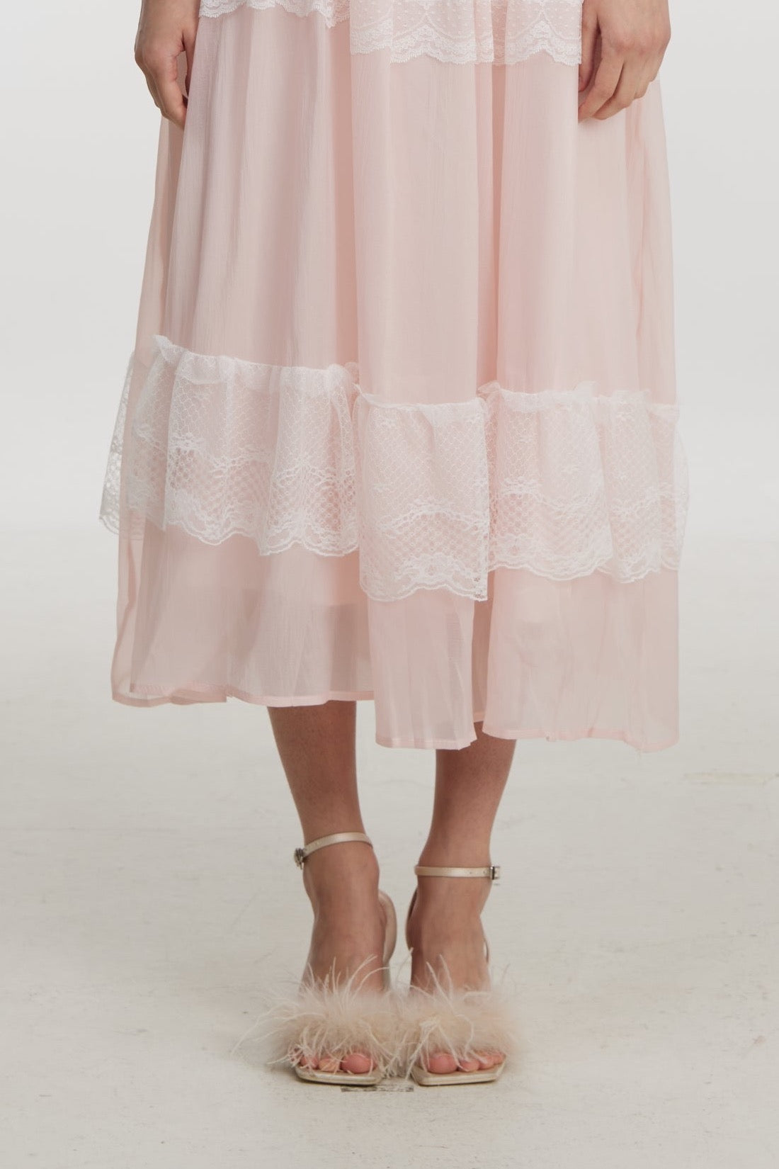 Blush Lace Ruffle Midi Dress